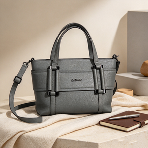 Gray PU Leather Women Tote Bag <b>Red</b> Inner Lining Top Handle <b>Handbag</b> With Detachable Crossbody Strap - Product Image 2