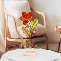 Décoration de table artisanale en verre teinté avec feuilles d'érable et de chêne, attrape-soleil d'automne pour fenêtre, décoration artisanale pour la maison pour Thanksgiving