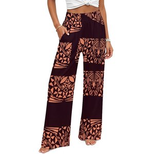 <span class=keywords><strong>Pantaloni</strong></span> <span class=keywords><strong>Palazzo</strong></span> <span class=keywords><strong>a</strong></span> Vita Alta con Stampa Tribale Polinesiana Personalizzata, Gamba Larga, Verde e Bianco, con Elastico in Vita e Tasche per Donna - Product Image 4