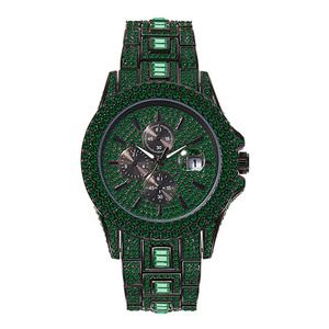 Reloj de Pulsera Hip Hop de Lujo con Incrustaciones de Cristales, Cronógrafo, Esfera Verde, Correa de Cristal, Ventana de Calendario, para Hombre - Product Image 6