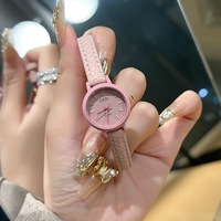 Jam Tangan Kuarsa Wanita Bulat Mini Tali Kulit Tipis Warna Pink Terang Dial Batang Sederhana Gaya Warna Cerah Jam Tangan Wanita