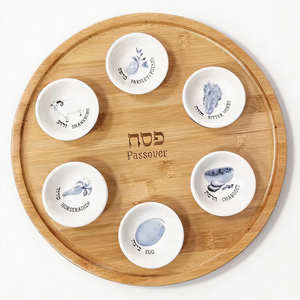 Ensemble de plateaux de Seder en bambou personnalisés avec 6 bols en céramique, <span class=keywords><strong>plateau</strong></span> Ka'arah pour la cérémonie juive traditionnelle, pour la <span class=keywords><strong>table</strong></span> de la fête de Pessa'h - Product Image 2