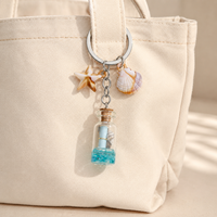 Porte-clés Bouteille à Vœux en Verre Acrylique Thème Océan Mignon, Breloque de Sac Pendentif Anneau de Clés en Forme d'Étoile de Mer et Coquillage, Cadeau 10cm