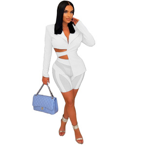 Otoño <span class=keywords><strong>cielo</strong></span> azul trajes de mujer Chaquetas con cordones de manga larga Blazer malla pantalones cortos 2 uds conjunto Sexy <span class=keywords><strong>se</strong></span>ñoras abrigo trajes de dos piezas - Product Image 6