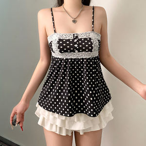 Camisola de punto sin mangas con encaje y lunares para mujer, estilo dulce y casual de verano, top de moda. - Product Image 3