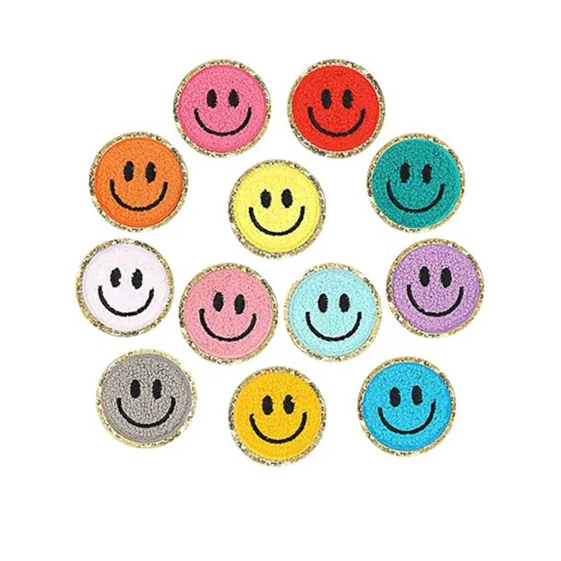 Mix 11 Color Wholesale 5.4CM Smile Face Cloth Stickers Decorative Glitter Smiley Face Chenille Iron on Patches for Clothing Usa