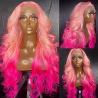 Wig Rambut Asli Warna Kustom 13X4 13X6 Ombre Pink Highlight Lace Frontal Wig Ombre Pink Body Wave Cuticle Aligned