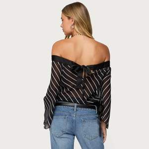 Top Personalizado 2026 con Hombros Descubiertos para Mujer, Blusa de Chifón a Rayas de Manga Larga con Lazo en la Espalda, Largo Regular - Product Image 1