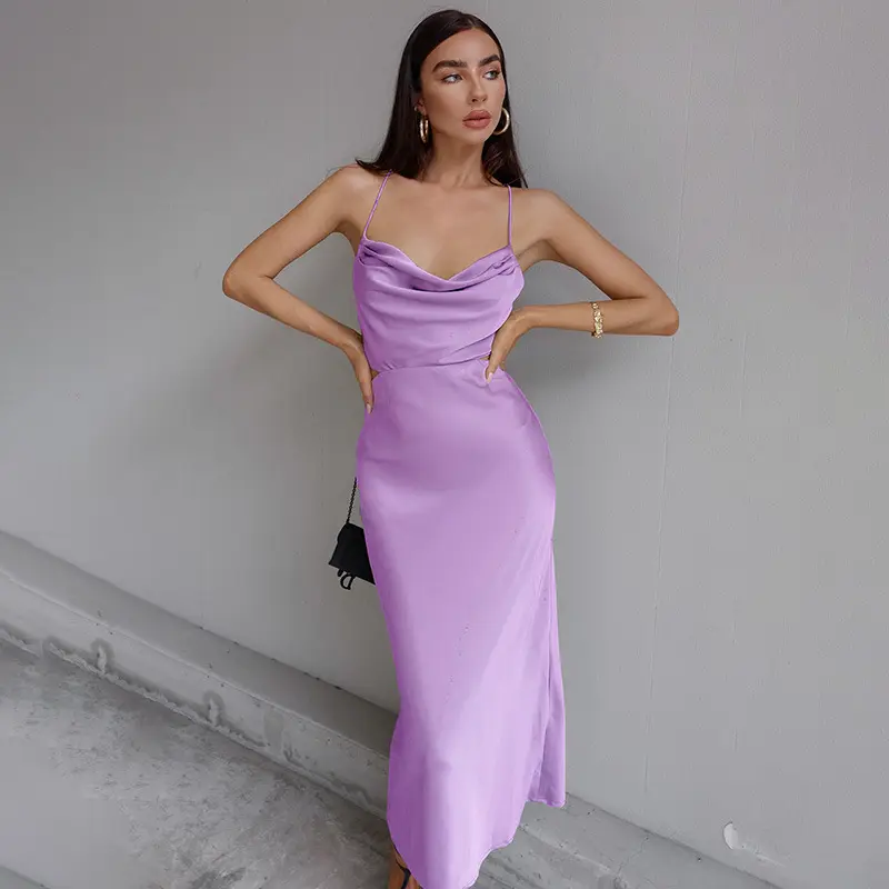 Spring and summer new solid color suspender dress Europe and the United States sexy hollow open back satin dress
