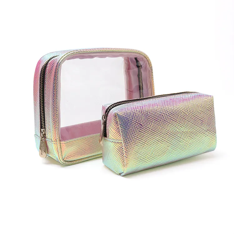 Bolsa holográfica de PVC para compras de viaje, conjunto de cosméticos, Mini bolsa organizadora de cosméticos de cuero