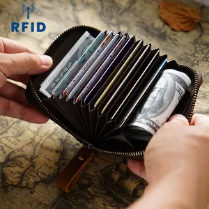 Boshiho Leather Credit Card Wallet With Zipper Genuine Leather Credit Card Holder With RFID Blocking Wallet For Men Women