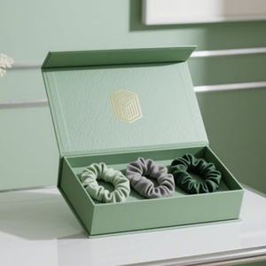 Customized Eco Friendly Recycled Materials Pink Magnetic Rigid Cardboard <b>Boxes</b> Embossing Sponge Lining Fashion Scrunchies Hair - Product Image 2