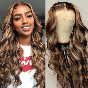 3x4 Lace Front Piano Highlights Body Wave <strong>Wig</strong> Dark Brown <strong>Wig</strong> with Blonde Highlights Chocolate Highlight Human Hair <strong>Wig</strong> - Product Image 5