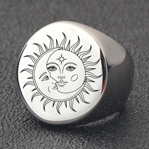 Bague ronde en acier inoxydable lisse de 22mm, design soleil et lune, bijoux pour hommes, cadeau, couleur or - Product Image 4