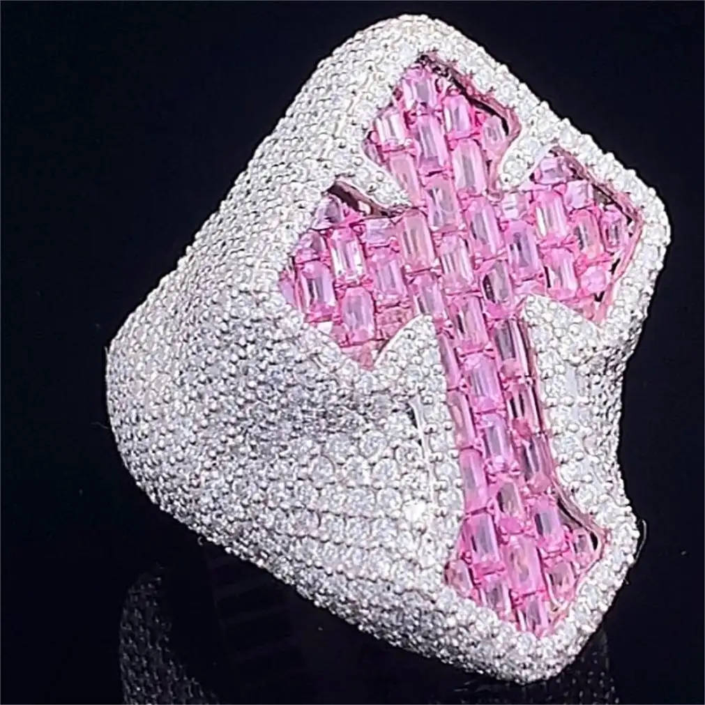 Bijoux fantaisie argent 925 rose croix design glash diamant vvs moissanite bague pour hommes femmes