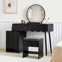 Coiffeuse noire festonnée avec miroir LED rond, armoires de rangement et tabouret pour la vente en gros