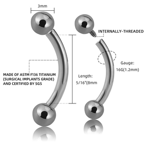Classique 16G Titane <span class=keywords><strong>Labret</strong></span> Vertical Courbé à Filetage Interne pour Rook, Daith, Sourcil, Bijou de Corps - Product Image 5