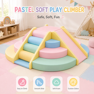 Pyramide d'escalade en <span class=keywords><strong>mousse</strong></span> pastel personnalisée avec marches et toboggan pour la location de fêtes d'enfants, les garderies et les aires de jeux de café - Product Image 1