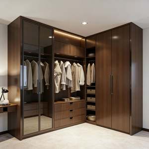 Armoire de rangement sur mesure BALOM en MDF à grain de bois foncé avec éclairage intégré et porte miroir - Product Image 3