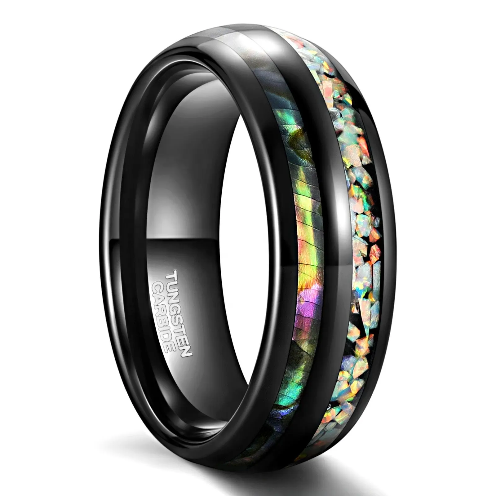 POYA Cincin Pernikahan Berkubah Dual Channel 8Mm Hitam Tungsten Api Opal Abalon Shell Inlay Cincin untuk Pria