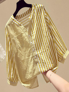 Kemeja Wanita Lengan Panjang V-neck Motif Garis-garis Longgar Modis Terbaru Grosir Butik Musim Panas - Product Image 3