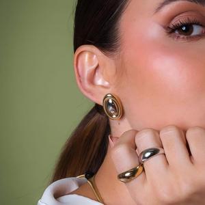 ต่างหูสแตนเลสทรงรีทรงเรขาคณิตชุบทองเหล็กไทเทเนียมสำหรับผู้หญิงแฟชั่นเครื่องประดับ TE60404 - Product Image 3