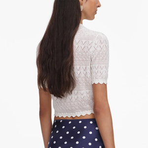 Fabricante de Malhas Personalizadas: Cardigã Feminino de Tricô com Borda Ondulada, Vazado, Manga Curta, Botões de Pérola, Cropped, Estilo Francês Elegante e Versátil - Product Image 3