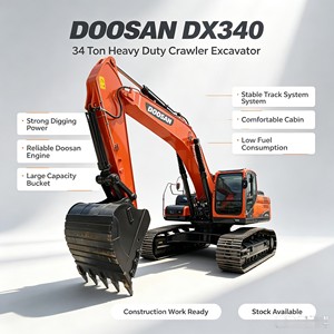 Excavatrice sur chenilles Doosan DX340 d'occasion, 34 tonnes, d'origine coréenne, pour travaux miniers et de terrassement, en stock, avec certifications CE et EPA - Product Image 1