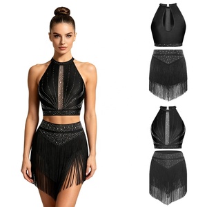 Conjunto de 2 Piezas para Baile Latino para Mujer, Top Corto con Flecos y Pedrería, Falda Asimétrica con Borlas, Trajes para Salsa, Tango y Baile de Salón - Product Image 2