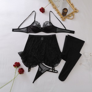 Conjunto de Lencería de Encaje Negro de 4 Piezas con Falda de Malla Transparente y Tirantes, Perfecto para Ocasiones Íntimas y <span class=keywords><strong>el</strong></span> <span class=keywords><strong>Día</strong></span> de San Valentín - Product Image 2