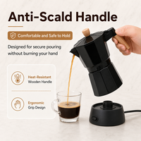 Cafetière électrique Moka 6 tasses avec base chauffante, poignée en bois à toucher froid et indicateur LED