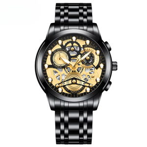 Nouvelle montre chronographe squelette pour homme, bracelet en acier inoxydable doré, avec indicateur multifonction 24H et calendrier, montre à quartz - Product Image 4