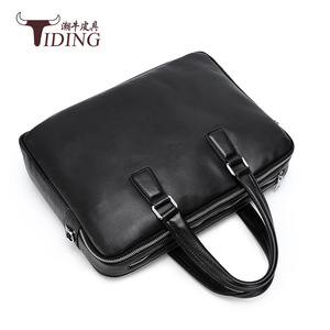 Tiding Genuine Leather Business Bag 14 Inch Laptop <b>Briefcase</b> Men's Zipper Closure Solid Color Black - Product Image 3