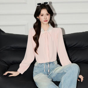 Ruffled Collar Chiffon Long Sleeve Shirt Women Spring Autumn Loose Fit Tie Waist Solid Color Blouse Everyday Wear - Product Image 1
