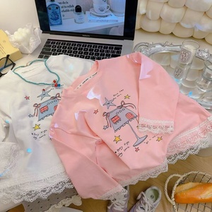 T-shirt Primaverile 2025 per Bambine in Stile Coreano <span class=keywords><strong>con</strong></span> Stampa, Orlo in Pizzo e Motivo Cartoon, in Puro Cotone - Product Image 2