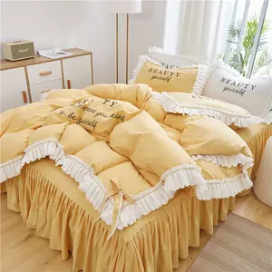 Nevresim işlemeli püsküllü fırfır yorgan yatak örtüsü seti 3 adet % 100% pamuk hafif yatak yorgan kapakları