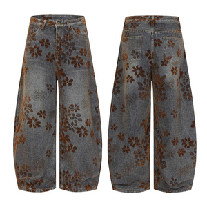 Jeans rétro personnalisés en jacquard floqué brodé 100% coton, jeans amples à fleurs délavés pour hommes, style Y2K, qualité supérieure, coupe large. - Product Image 1