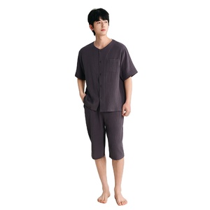 Hot Selling <strong>Men's</strong> Solid Color Cotton Two Piece <strong>Set</strong> With Shirt and <strong>Shorts</strong> Customize <strong>Pyjamas</strong> - Product Image 1