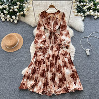 Robe décontractée pour femmes à imprimé floral, manches longues, plissée, coupe trapèze, avec ceinture, élégante, pour les fêtes, les vacances, robe midi pour femmes