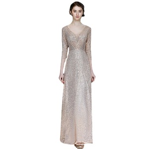Evening Gown With Gold <b>Sequins</b> V Neck Sheath Satin Long Dress For Formal Events - Product Image 5