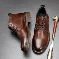 Bottes pour hommes automne/hiver mi-mollet rétro décontractées en cuir à bout rond pour l'extérieur en cuir de vachette à lacets à semelle épaisse antidérapantes