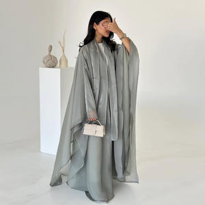 2025 düz renk organze Turkiye Dubai açık Abaya başörtüsü 2-piece Set toptan parlak müslüman Kimono hırka başörtüsü ile - Product Image 1