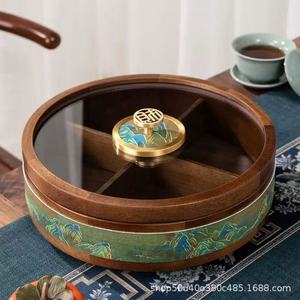 Caja redonda de madera para frutos secos con tapa y divisores, contenedor de almacenamiento de té y aperitivos de estilo retro chino - Product Image 1