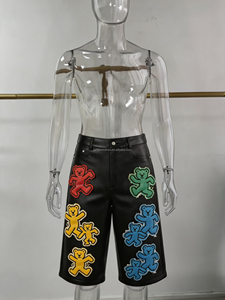 Custom <strong>Men's</strong> Baggy Leather <strong>Shorts</strong> 3/4 <strong>Below</strong> <strong>Knee</strong> Streetwear Patch Embroidery Rivet Studded Grunge Urban Style Daily Wear - Product Image 3