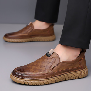 Mocassins en cuir pour hommes, bout rond, à enfiler, semelle en caoutchouc respirante, chaussures décontractées toutes saisons - Product Image 2