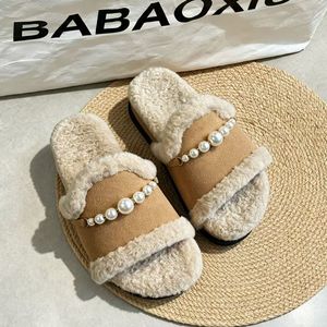 <b>Women</b> Elegant Pearl Decor Fuzzy Slide <b>Slippers</b> Open Toe Fluffy Plush Warm Indoor <b>Home</b> <b>Slippers</b> <b>for</b> Fall Winter - Product Image 1