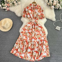 Nouveau contraste fleur impression robes décontractées rétro col rabattu manches bouffantes dames robe taille ceinture une ligne vêtements pour femmes