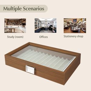 Wooden Fountain <b>Pen</b> Display <b>Box</b> 32.2cm x 20cm x 5.7cm Glass Lid Storage Case For Stationery Organization - Product Image 2