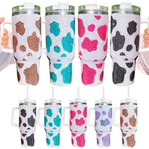 40oz mixed colors vacuum insulated Stainless Steel Cow Print rhinestone bling studded Tumbler with Handle and Straw
