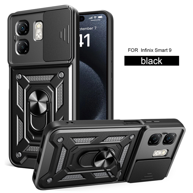 Slide Camera Lens Protector Phone Case for Infinix Smart 9 / Hot 50i Shockproof Cover Kickstand Car Mobile Phone Cover